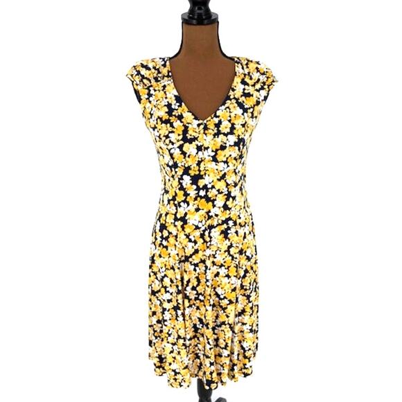 London Times Dresses & Skirts - London Times Blue & Yellow Floral Midi Dress with Shoulder Pads – Size 4